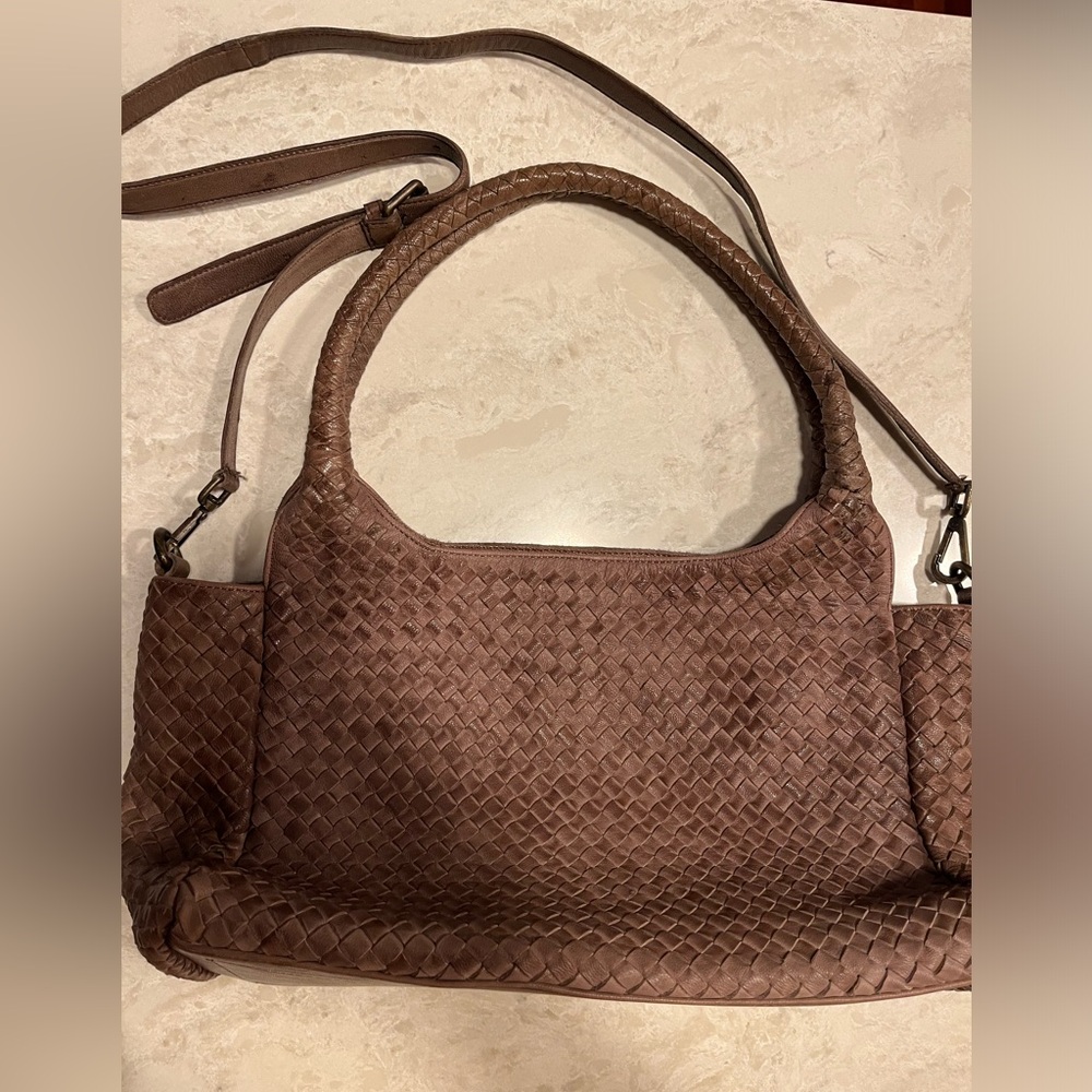 Platania Italian Leather Brown Woven Shoulder Bag